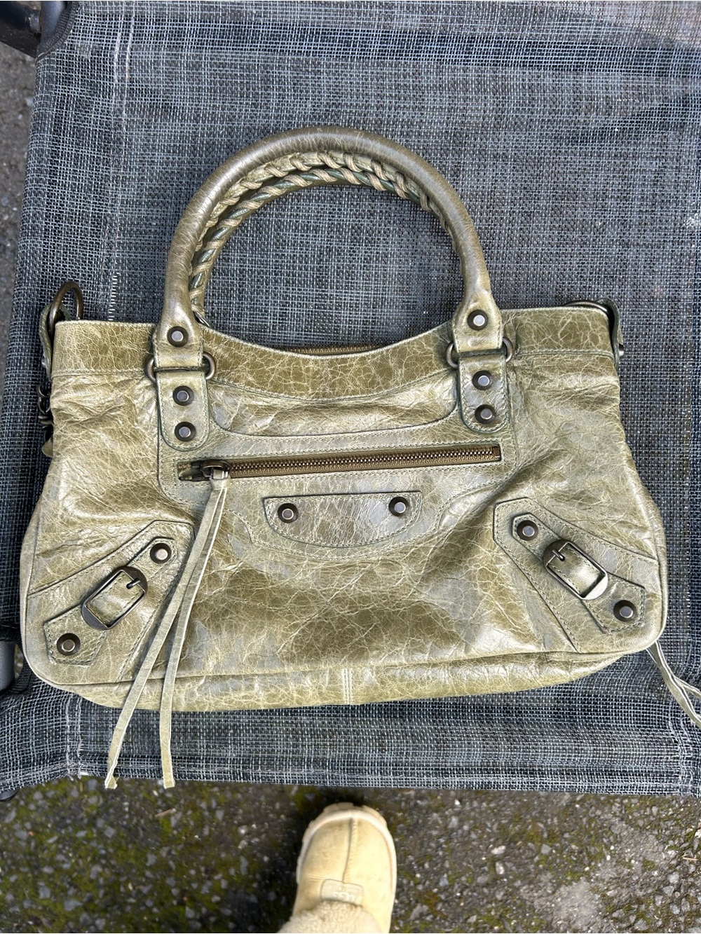 Vintage Balenciaga light Olive Green Leather First Shoulder Bag with Top Handles